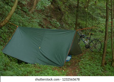 Camping With A Tarp At Forest, Bicycle Touring