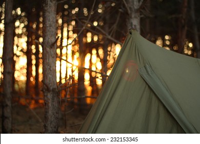 Camping Tent In The Forrest With Sunset