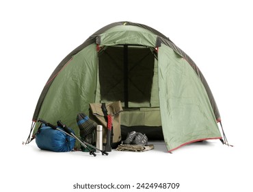 Camping tent with hiking equipment on white background - Powered by Shutterstock