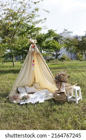 Camping Tent Hut At Home Garden, Picnic Camp Tent Love Hut In A Park. Canvas Fabric Romantic Handmade Lover Tent Shelter.