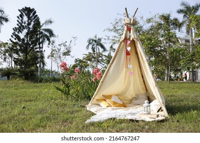 Camping Tent Hut At Home Garden, Picnic Camp Tent Love Hut In A Park. Canvas Fabric Romantic Handmade Lover Tent Shelter.