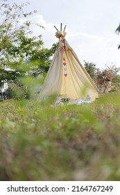 Camping Tent Hut At Home Garden, Picnic Camp Tent Love Hut In A Park. Canvas Fabric Romantic Handmade Lover Tent Shelter.