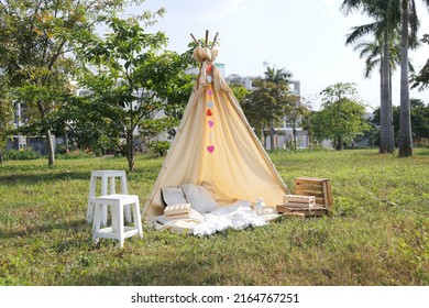 Camping Tent Hut At Home Garden, Picnic Camp Tent Love Hut In A Park. Canvas Fabric Romantic Handmade Lover Tent Shelter.