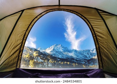 camping tent, Looking from inside the tent to view outside the mountains. covered with ice In front is a pine forest  a lake, camping tent  high up on the mountain - Powered by Shutterstock