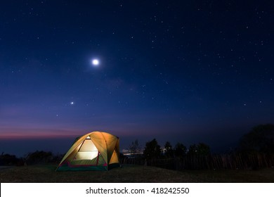 Camping Tent Under Stars At Night