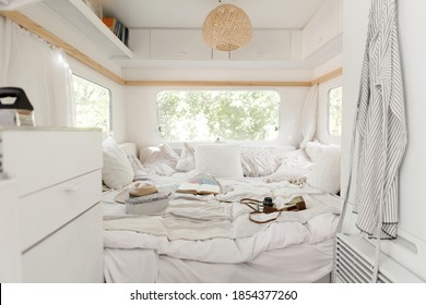 Camping In A Trailer, Rv Bedroom Interior, Nobody