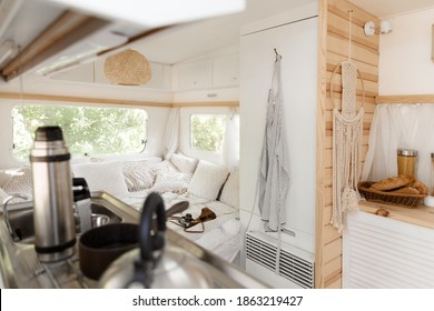 Camping in a trailer, rv interior, nobody