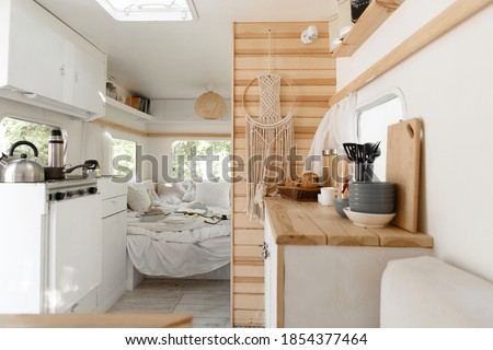 Camping in trailer, rv kitchen and bedroom, nobody
