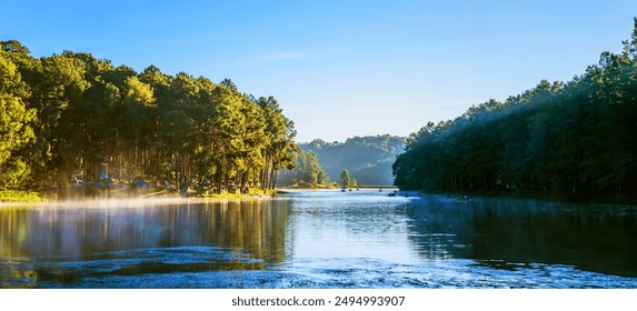 camping and travel  Beatiful nature panorama view of Pang Ung lake in the mist at sunrise. - Powered by Shutterstock