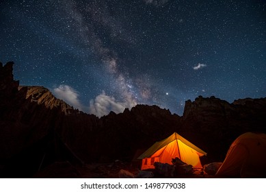 Camping Under The Starry Sky In The Night At Stok Kangri Base Camp, In Leh, J&K, India