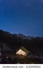 Camping Under Stars - Himalaya Is A State Of Mind. Star Gazing From Deo Tibba Trek,Manali, Himachal Pradesh, India. Beautiful Landscape And Snow Scape In Cold Winter Terrain. Astro Photo,galaxy, Stars