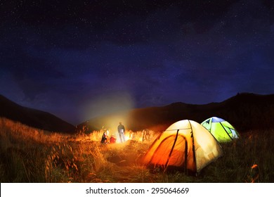 Camping Under The Stars At Night In Carpathian  Mountains,Ukraine 