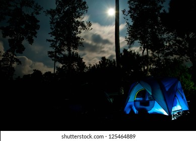 Camping In The Woods Under The Moonlight