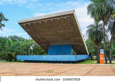 Campo Grande, Brazil - February 24, 2018: Acoustic Shell On Radio Clube Square On The Downtown Of The City. Stage For Presentations And Recreation Open To Public.