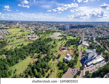 Campo Grande - MS, Brazil - March 31, 2020: Panoramic aerial view of the city of Campo Grande MS, Brazil and the park of the indigenous nations. Capital of the Mato Grosso do Sul state.