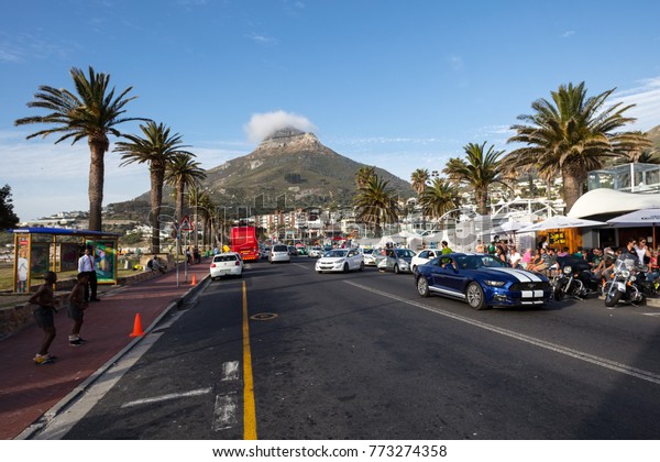 Camps Bay in Cape Town, South Africa.\
This is a popular beach with tourists as well as the locals.\
 CAPE\
TOWN, CAMPS BAY, SOUTH\
AFRICA-12-11-2017\
