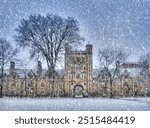 Campus of the University of Michigan Law School on a snowy winter evening. The picture shows the graduate student residences.