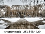 Campus of the University of Michigan Law School in Ann Arbor on a cold winter day. The picture shows the reading room of the Law School.