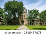 Campus of the University of Michigan Law School in summer. The picture shows the graduate student residences.