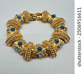 Camrose Kross Gold Tone Etruscan Link Bracelet Turquoise Blue Diamante