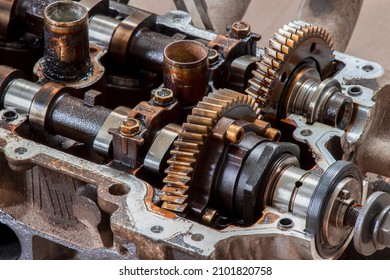 Camshaft Gears On A Car Engine. Vehicle Repair, Timing Belt Replacement