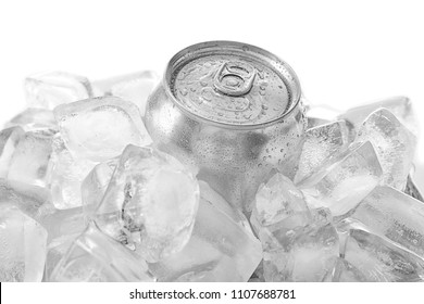 Can Of Beer In Ice On White Background