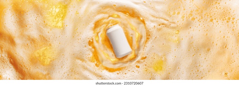 Can bottle of cool lager beer diving into foamy beer splashes. Chill drink, refreshment. Drink aesthetics. Banner. Concept of alcohol drink, taste, vacation, holiday, brewery. Advertisement