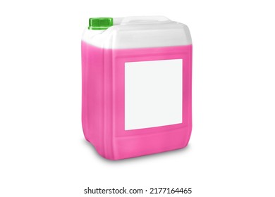 Can With Liquid, Isolated On White. Pink Antifreeze Liquid For Car In Canister. Plastic Bottle Or Gallon Of Hand Gel, Soap Or Hand Sanitizer Alcohol Gel, Coronavirus Protection Concept.