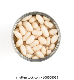 Can Of Navy Beans, Or Great Northern Beans, Isolated And Viewed From Above.