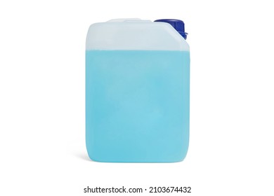 Can with non-freezing liquid, isolated on white. Blue antifreeze liquid for car in canister. Plastic bottle or gallon of hand gel, soap or hand sanitizer alcohol gel, coronavirus protection concept.