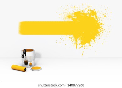 Can Orange Paint Roller Brush And Splash On The Wall