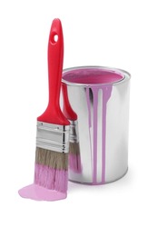Can With Pink Paint And Brush On White Background