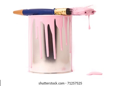 Can Of Pink Paint And Professional Brush On A White