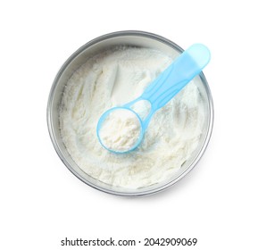 Can Of Powdered Infant Formula With Scoop Isolated On White, Top View. Baby Milk