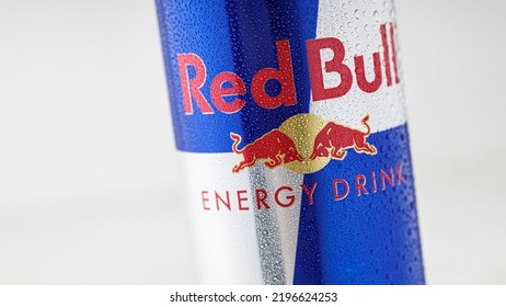 Can Of Red Bull Energy Drink Close Up. MINSK, BELARUS, May 9, 2022
