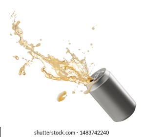 can of splashing beer isolated on white