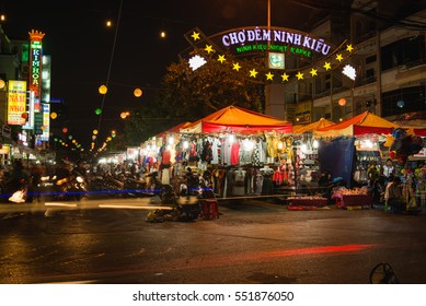 Can Tho, Vietnam - April, 02: Entrance to Ninh Kieu night market on the south of Vietnam full of lights