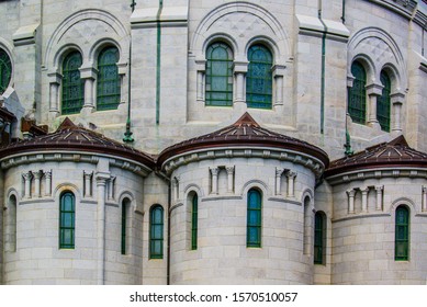 Sainte-Anne-de-Beaupré, Canada - August 19 2019: Facade Of Basilica Sainte-Anne De Beaupré