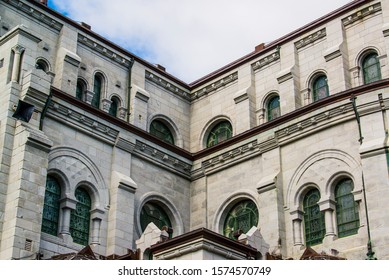 Sainte-Anne-de-Beaupré, Canada - August 19 2019: Facade Of Basilica Sainte-Anne De Beaupré