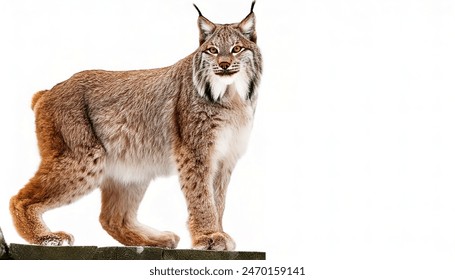 Canada or Canadian lynx - Lynx canadensis - a medium sized wild cat with long, dense fur, triangular ears with black tufts at the tips, and broad, snowshoe like paws. Isolated on white background