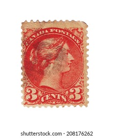 CANADA - CIRCA 1880: An Old British Victorian Used Penny Postage Stamp, Circa 1880 