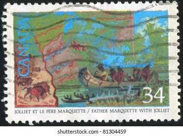 CANADA - CIRCA 1986: Stamp Printed By Canada, Shows Louis Jolliet, Jacques Marquette Discovering The Mississippi River, 1673, Circa 1986