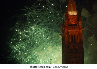 Canada Day Parliament Hill Fireworks Ottawa Ontario Canada. This Was Just Five Minutes After The Fireworks Ten O'clock Start Time.