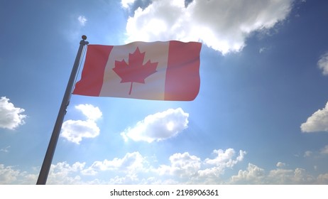 Canada Flag, Canadian Flag Waving On A Flagpole In Front Of A Blue Sky With Clouds 