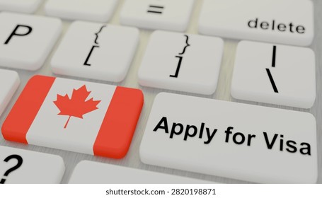 Canada flag displayed on computer keyboard beside apply for visa key representing passport application immigration documentation international travel authorization border approval online registration destination entry and mobility concept