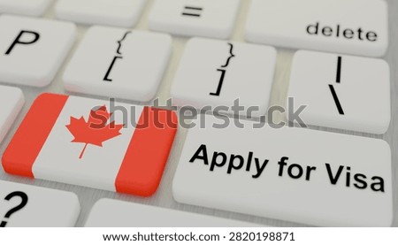 Canada flag displayed on computer keyboard beside apply for visa key representing passport application immigration documentation international travel authorization border approval online registration destination entry and mobility concept