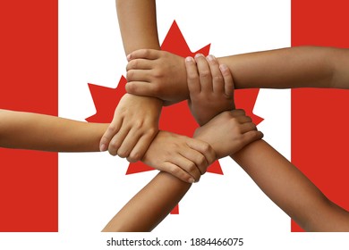 Canada Flag, Intergration Of A Multicultural Group Of Young People.