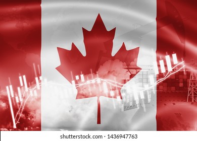 Canada Flag, Stock Market, Exchange Economy And Trade, Oil Production, Container Ship In Export And Import Business And Logistics.