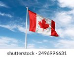 Canada flag waving at cloudy sky background.