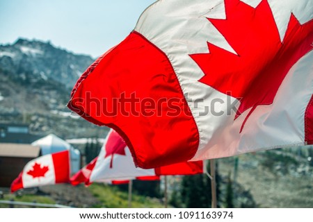 Canada flags waving at the wind in mountain scenario.